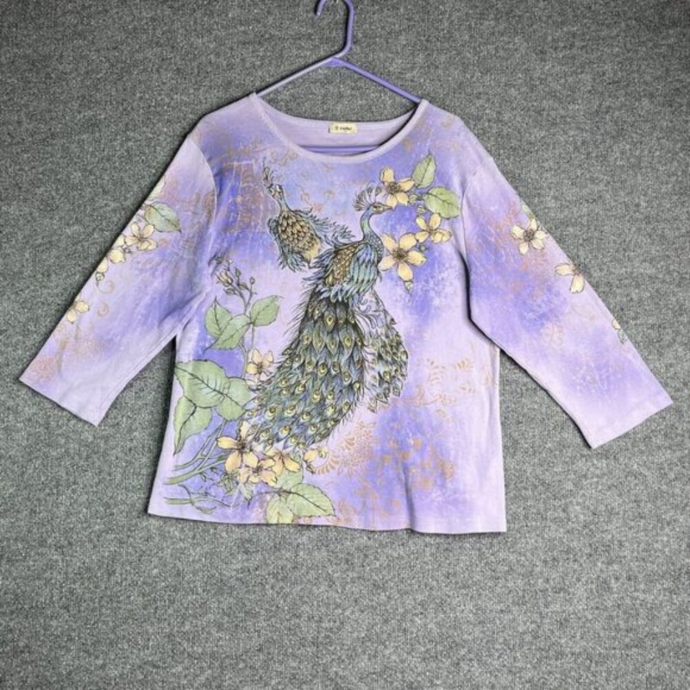 Cactus Top Women 1X‎ Peacock Art To Wear 3/4 Sleeve Flower Plants